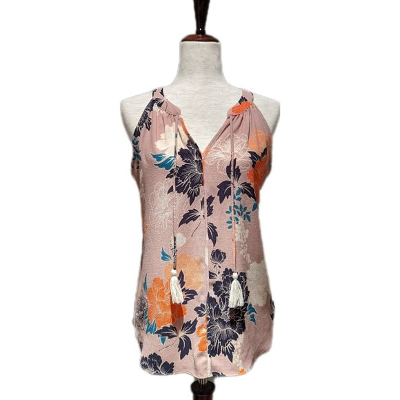 c&e Tops - C&E Floral Sleeveless Blouse w/ Tassels